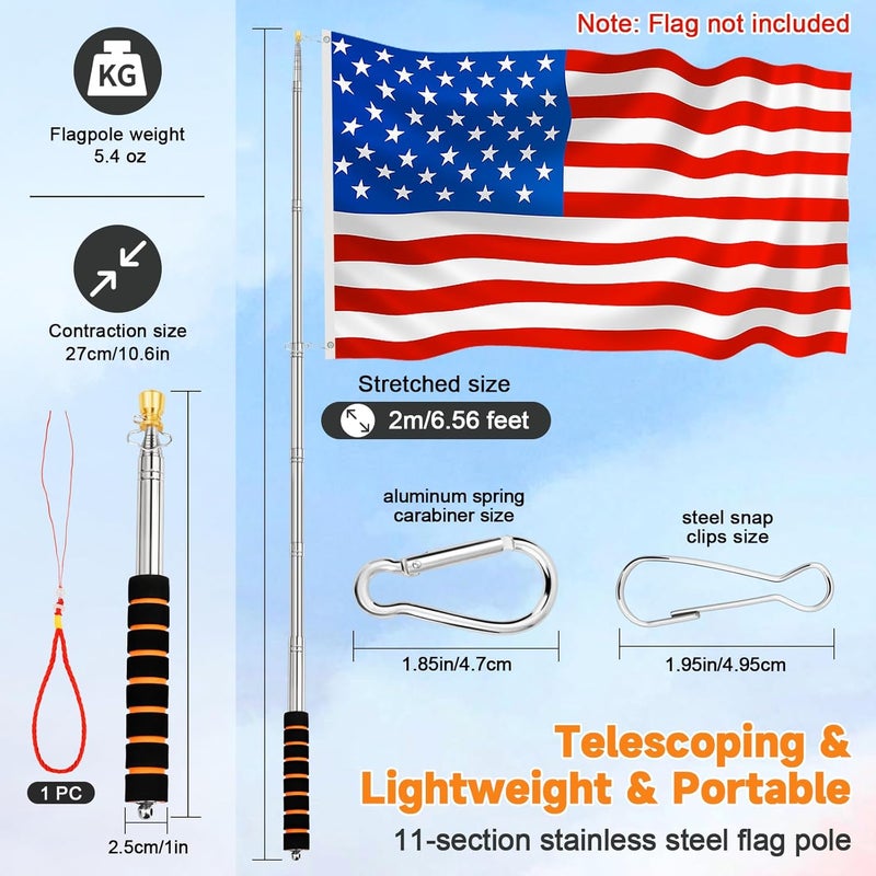 CATMOOW Portable Telescopic Handheld Flag Pole for Carrying, 6.56Ft/2M Stainless Steel Telescoping Hand Held Flag Pole to Carry, Extendable Tour Guide Flag Pole, Flagpoles with Clips for 3x5 Flag - Image 2